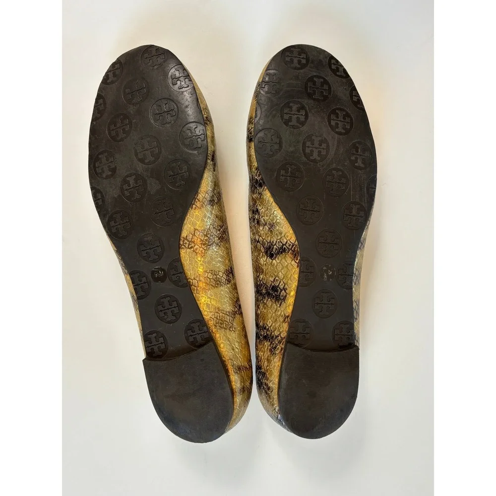Tory Burch Reva Ballet Flats Gold Snakeskin Women 9.5 Metallic Logo Medallion